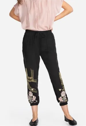Johnny Was embroidered cupro jogger pants black sz M boho artsy thumbnail 1