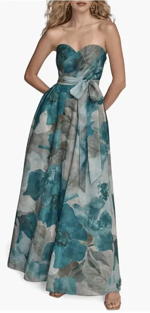 New Donna Karan Floral Strapless Fit & Flare Gown In Green Blue Size 6 $349 thumbnail 1
