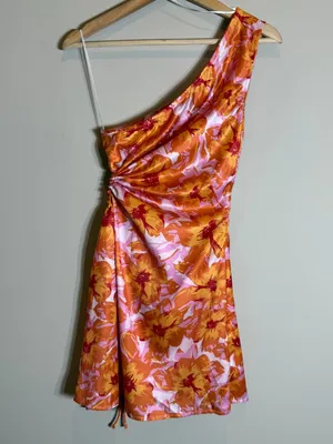 Hello Molly Loving That Girl Mini Dress Women's Small Orange Floral One Shoulder thumbnail 12