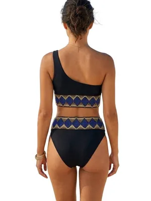 Elysiian One-Shoulder Milos Bikini Black Geometric S/XS Resort Beach Cruise thumbnail 2