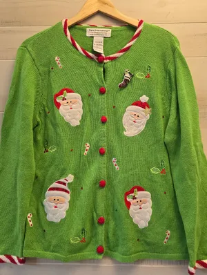 {L} Vintage Christmas Santa Claus Knit Sweater Cardigan Embroidered Embellished thumbnail 1