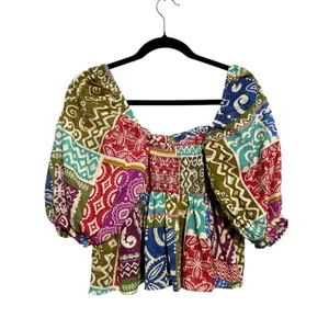 Dress Forum Los Angeles NWOT Multicolor Patchwork Square‎ Neck Puff Sleeve Top thumbnail 4
