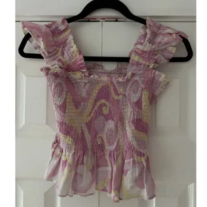 Hill House Home Pink Yellow Swirl Smocked Linen Peplum Ruffle Top Small thumbnail 3