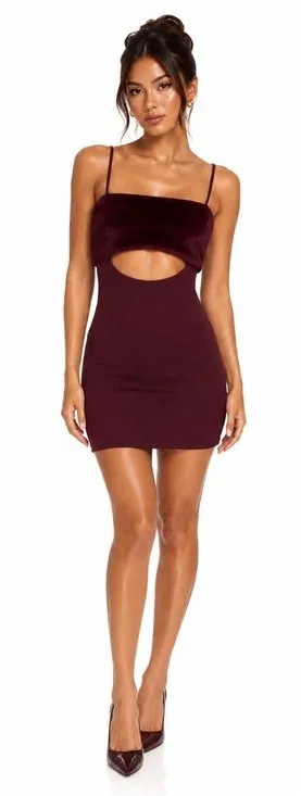 Naked Wardrobe Burgundy Faux Fur Trim Mini Dress Sexy Date Night Club Prom Med thumbnail 1