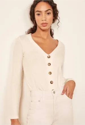 Reformation Jeans Ribbed V-Neck Cardigan Top Ivory White Long Sleeve‎ Small thumbnail 1