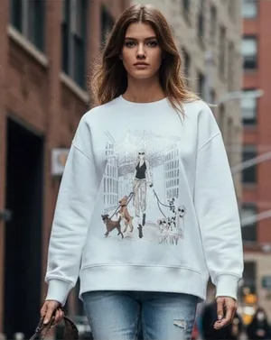 DKNY Dogs & The City Novelty Graphic cotton fleece sweatshirt Grunge White Sz L thumbnail 1