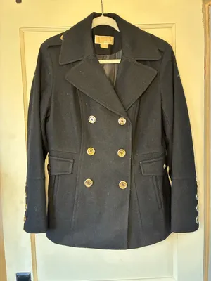 Michael Kors Women’s 12 Black Wool Pea Coat Jacket Gold Buttons Double Breasted thumbnail 1