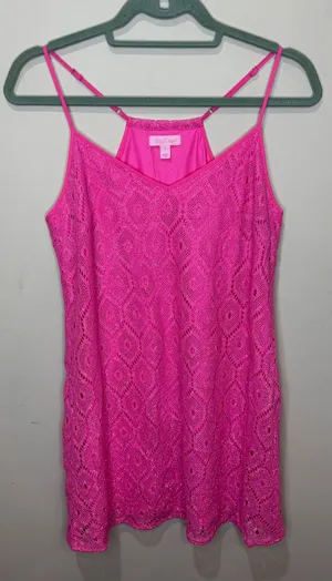 Lilly Pulitzer Dusk Pop Pink Metallic Shimmer Lace Slip‎ Mini Dress Crochet sz S thumbnail 1