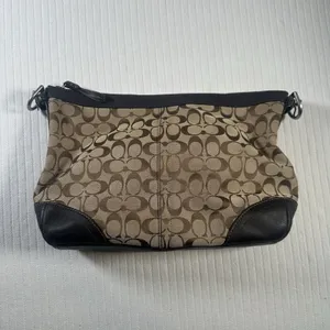 Coach Signature Canvas Crossbody Purse Brown Tan Leather Trim Bag Missing Chain thumbnail 3
