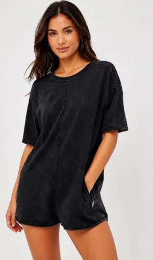 NEW Free People FP Movement Hot Shot Tee Romper – Washed Black | Size - XS thumbnail 1