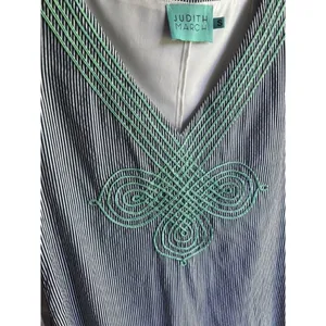 Judith March Blue and White Pinstriped Dress Mint Green Embroidery Size Small thumbnail 4