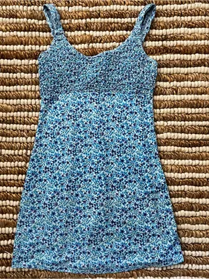 Vintage Blue Floral Mini Dress with Smocked Bodice thumbnail 1