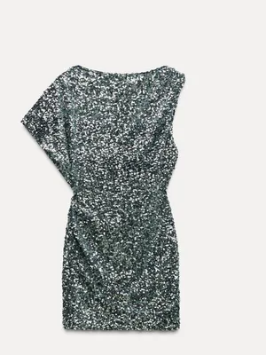 NWT ZARA SEQUINED Asymmetric MINI DRESS Navy Silver Festive Days thumbnail 9