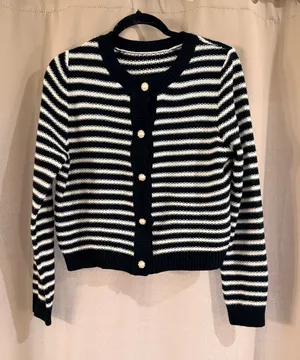 SHEIN Black & White Striped Crewneck Pearl Button Cardigan thumbnail 1