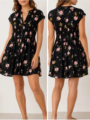 Free People Greatest Day Black Floral Smocked Boho Button Front Mini Dress thumbnail 2