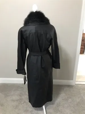 NWT Black Faux-Fur Collar Leather Trench Coat thumbnail 2