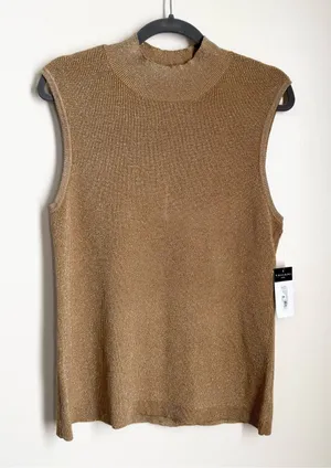 Tahari ASL Camel/Gold Sleeveless Mock Neck Sweater Size 8 NWT Sophisticated Boho thumbnail 1