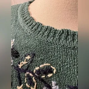 Vintage Beaded Floral Knit Sweater Green Embroidered‎ Pullover small thumbnail 2
