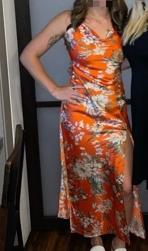 Paper Heart Orange Floral Satin Slip Dress Small thumbnail 1