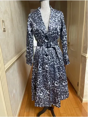 ABS Silver Label Black Grey Leopard Print Belted Trench Coat Jacket XS Statement thumbnail 2