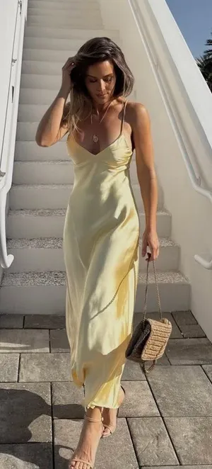 Zara maxi dress flowy butter yellow satin effect wedding evening party thumbnail 3
