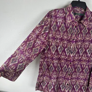 LAUREN Ralph Lauren‎ Womens Medium Silk Cotton Button Up Shirt Purple Ikat Print thumbnail 4