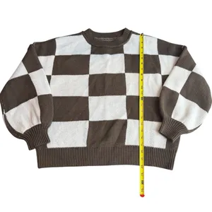 Checker Print Crewneck Sweater Brown‎ Cream Checkerboard Fall Neutral Size S thumbnail 6