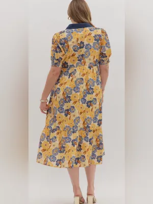 New!Entro Boutique Cotton Yellow Floral Midi Dress Pocket Navy Trim Size 2X thumbnail 4
