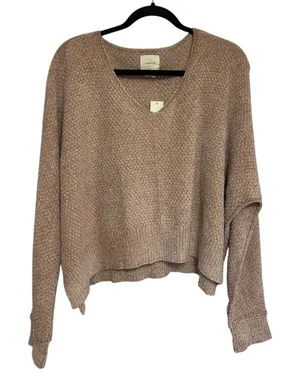 NEW Francesca’s Harper Heritage Chenille Knit Crop V-Neck Tan Sweater - Size M thumbnail 1