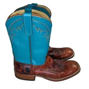 Anderson Bean Cowboy Boots Men's Size 9 Women's 10.5 Turquoise Square Toe Brown thumbnail 1