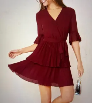 SheIn Burgundy midi dress with tie waist, ruffles, and flared sleeves #boho thumbnail 1
