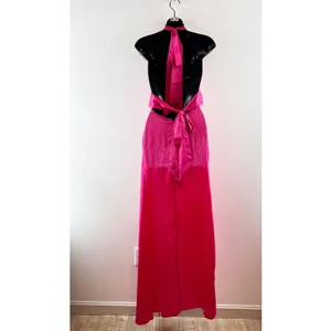 Lucy In The Sky Plunge Tie Back Ruffle Slit Satin Maxi Dress Gown Pink XXS thumbnail 5