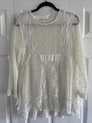 Indigo Soul Boho Lace Mesh Sequin Tunic Womens Size M Ivory White Long‎ Sleeve thumbnail 1