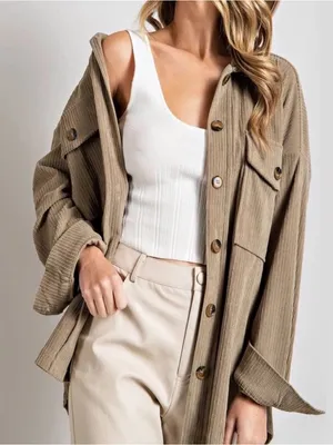 Anthropologie Taupe Corduroy Utility button up shirt jacket  size medium! thumbnail 1