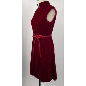 Vintage 60s Velvet Belted Tie Waist Mini Dress High Neck Stand Collar Maroon Red thumbnail 5