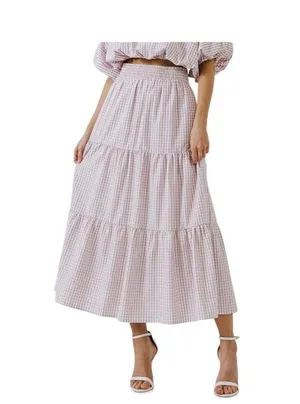 English Factory Check Print Tiered Maxi Skirt Gingham High-Waisted Size M NWT thumbnail 2