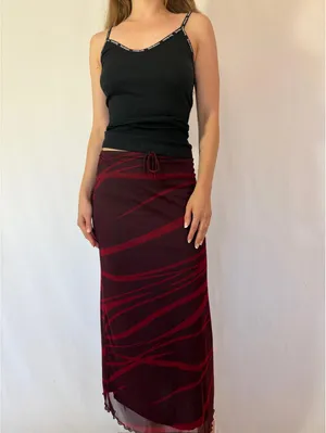 Dark Red Y2K Vintage Mesh Overlay Abstract Maxi Skirt thumbnail 3