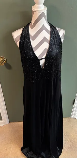 Black Halter Velvet Evening Dress with Sparkle Bodice thumbnail 1