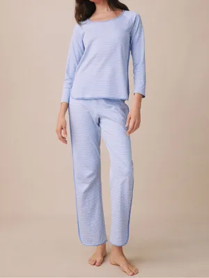 LAKE Pima Cotton Long-Long Pajama Set Hydrangea Preppy Blue Stripe thumbnail 2