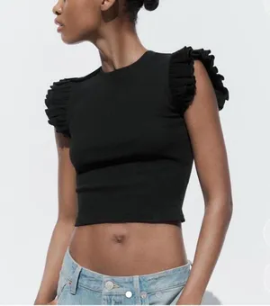 ZARA Ruffle Sleeve Black Crop Top thumbnail 1