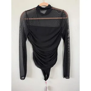 Avidlove Womens Black Mesh Ruched Long Sleeve Mock Neck Bodysuit Size Large thumbnail 2