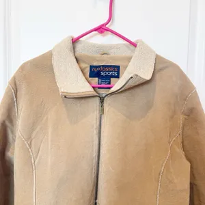 Womens Genuine Leather Suede Shearling Jacket Large Tan Y2K Western Rancher Cozy thumbnail 2