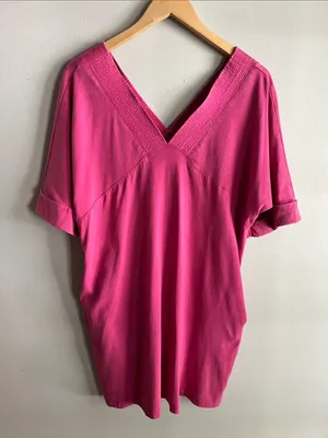 New In Fuchsia Pink V Neck Pocket Tunic Dress Oversized Relaxed Medium thumbnail 1