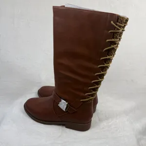 Sugar Brown Faux Leather Lace Up Back Leopard Print Knee High Boots Size 5‎ thumbnail 4