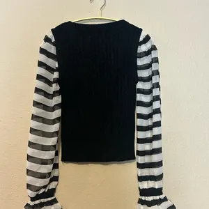 Anthropologie MAEVE‎ Contrast Sleeve Cable Knit Sweater Black White Stripe Size XXS thumbnail 7