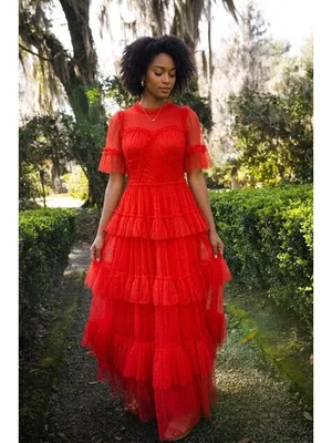 NWT Ivy City Co Whimsical Gown in Red Embroidered Tulle Ruffled Maxi Dress M thumbnail 2