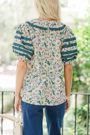 Entro Floral Detail Puff Sleeve V-Neck Peter Pan Collar Blouse Hunter Green Multi thumbnail 5