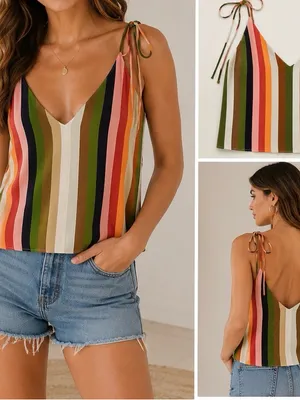Reformation Multicolor Stripe Tie-Shoulder Cami in Olive, Pink & Cream thumbnail 2