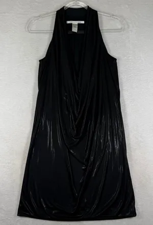 Diane von Furstenberg Black Metallic Draped Halter Mini Dress Size 2 LBD USA thumbnail 1
