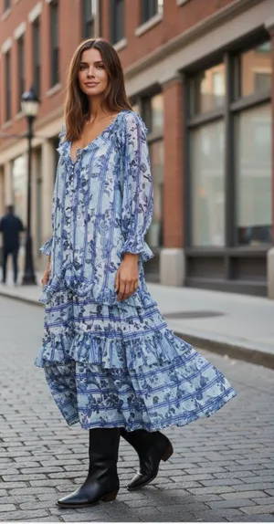 NWT Free People Garden Wonders Long Sleeve Cotton Maxi Dress Medium, BLUE COMBO thumbnail 1